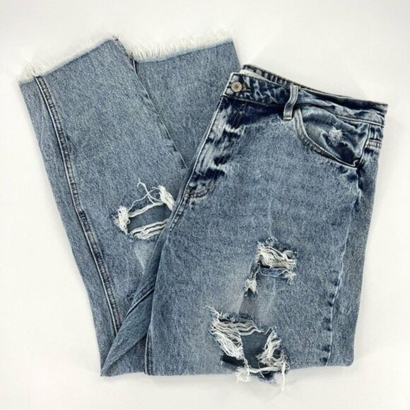 KanCan Acid Wash High Rise Distressed Mom Jeans Fray Hem 15/31 - Picture 3 of 8